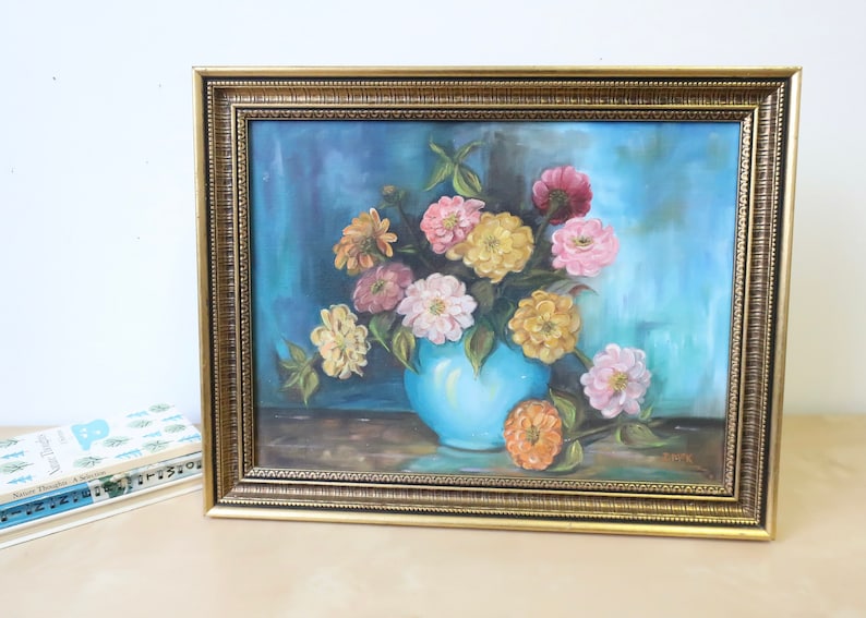 Vintage Bouquet of Flowers in Blue Vase Original Still Life Oil Painting Bild 1