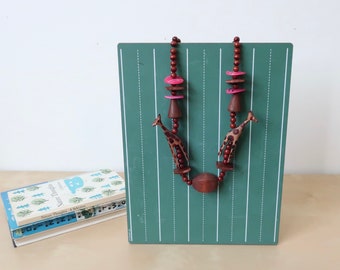 Vintage Wooden Giraffe Necklace - Burgundy, Pink and Natural Wood
