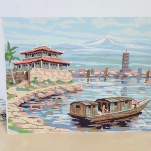 Vintage Chinese Pagoda Paint By Number Painting - Unframed