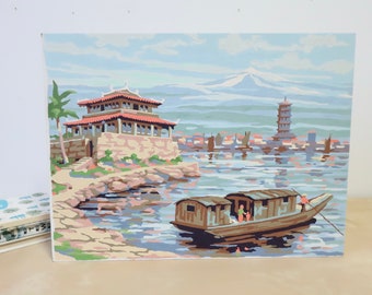 Vintage Chinese Pagoda Paint By Number Painting - Unframed