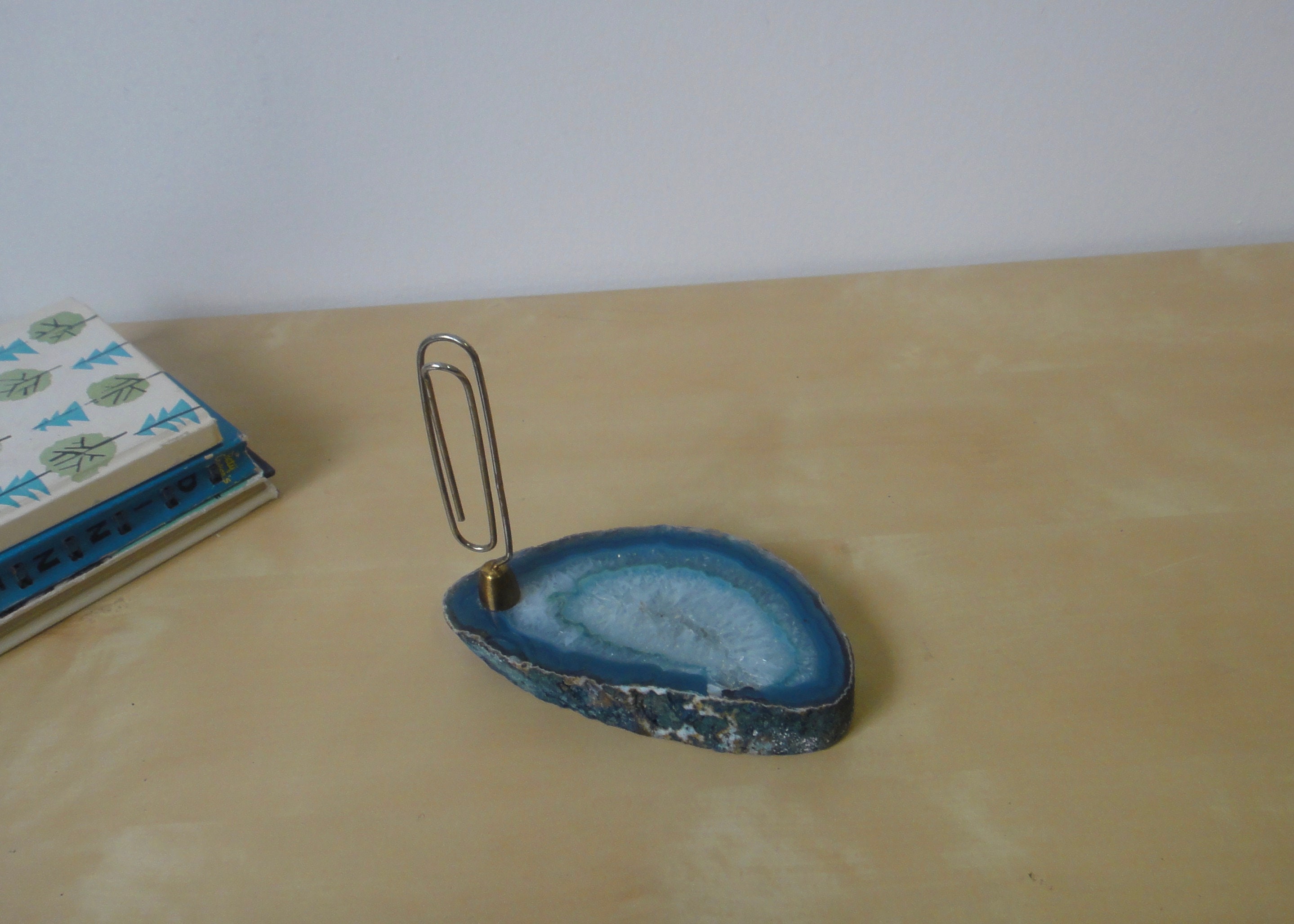 Vintage Metal Paper Clip Note Holder on Blue Agate Slice Etsy