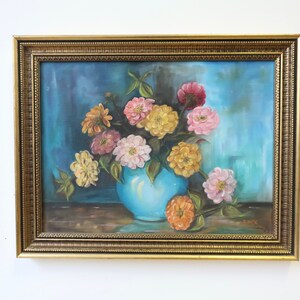 Vintage Bouquet of Flowers in Blue Vase Original Still Life Oil Painting Bild 5