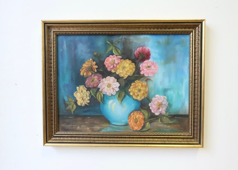 Vintage Bouquet of Flowers in Blue Vase Original Still Life Oil Painting Bild 5