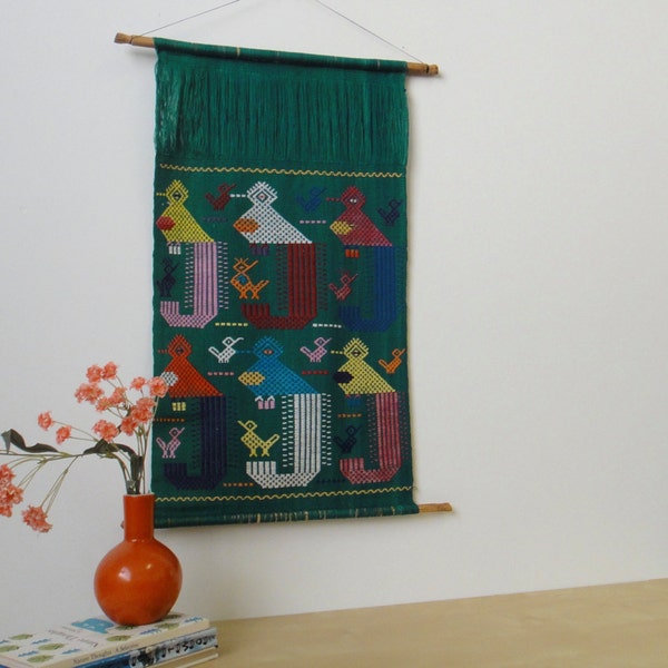 Vintage Guatemalan Bird Embroidered Folk Art Wall Hanging Textile