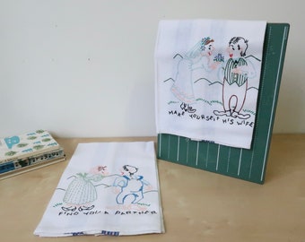 Vintage Set of Two Striped Illustrated Linen Tea Towels - Find You A Partner and Make Yourself His Wife