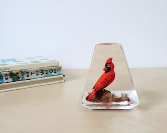 Vintage Clear Lucite Hand Carven Red Cardinal Paperweight Sculpture - Unique Canada