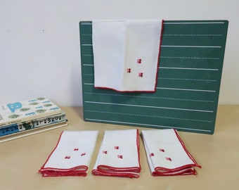 Vintage  Embroidered Floral Cloth Napkins with Red Border - set of 4