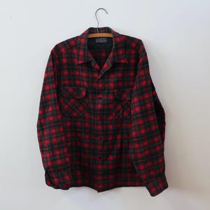 Vintage Pendleton Red Plaid Wool Shirt - 1960s Flannel, Size Large
