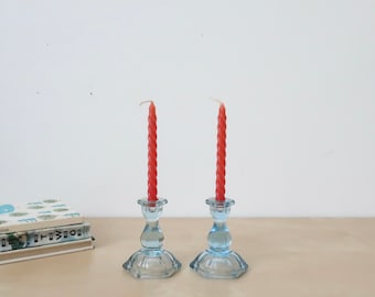 Vintage Tiny Translucent Light Blue Glass Candle Holders - Set of two