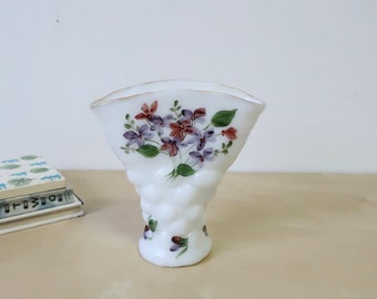 Vintage White Hobnail Fan Shaped Milk Glass Vase with Painted Flowers