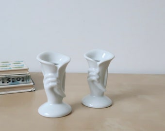 Vintage White Hand Torch Candle Holders or Bud Vases - Set of two