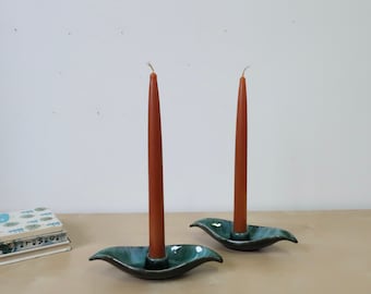 Vintage Blue Mountain Art Pottery Modern Leaf Shaped Candle Holders - Set of two