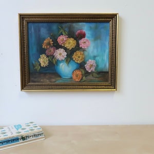 Vintage Bouquet of Flowers in Blue Vase Original Still Life Oil Painting Bild 6