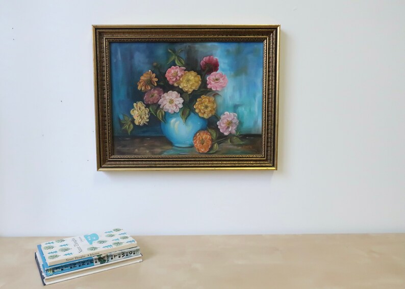 Vintage Bouquet of Flowers in Blue Vase Original Still Life Oil Painting Bild 6