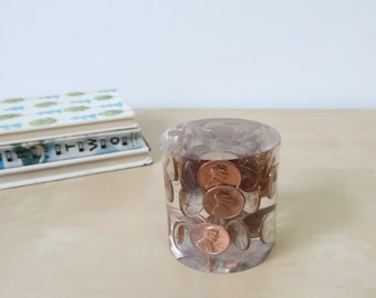 Vintage Clear Lucite 1971 Floating Penny Column Paperweight Sculpture