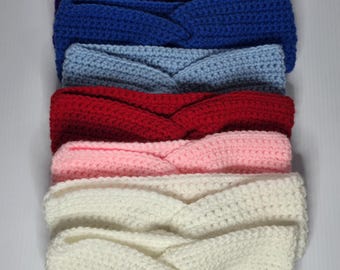 Hand-crocheted headband ear warmers.