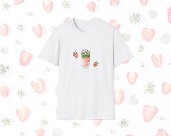Aquarell Erdbeere Matcha Liebhaber T-Shirt, T-Shirt, weiches T-Shirt, Shirt, Top - Geschenk für Teeliebhaber, niedliches grafisches T-Shirt