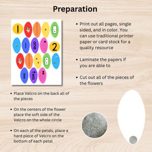 May include: An educational printout with colourful number and counting visuals. The printout includes the words "one" and "two", along with preparation instructions. The image also shows a piece of Velcro and a flower-shaped cutout.