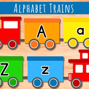 May include: A graphic featuring the text ALPHABET TRAINS above a series of colorful train cars. The cars are red, orange, yellow, green, and blue, each displaying uppercase or lowercase letters A and Z in a bold, black, white-outlined font.
