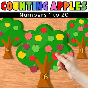 Puede incluir: Actividad educativa de conteo con tres árboles verdes de troncos marrones. Los árboles muestran recortes de manzanas rojas, amarillas y verdes. El texto dice "COUNTING APPLES" y "Numbers 1 to 20" con los números 4, 9 y 16 en los troncos.