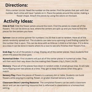 May include: Educational resource with instructions and activity ideas for a flower-themed learning activity. Includes directions for assembling flowers with petals and centres, plus activity suggestions like Hide & Find and Memory games.