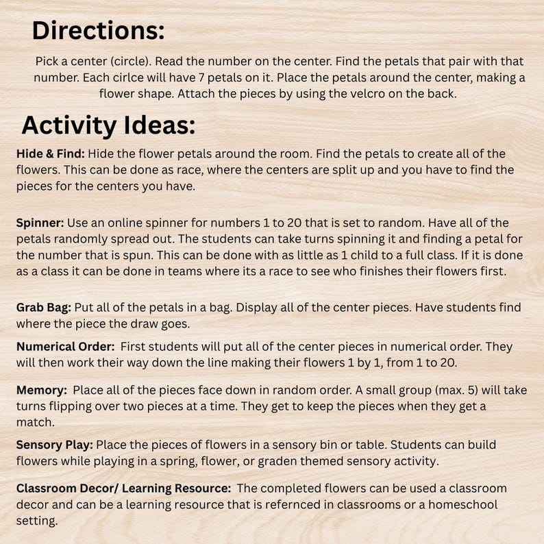 May include: Educational resource with instructions and activity ideas for a flower-themed learning activity. Includes directions for assembling flowers with petals and centres, plus activity suggestions like Hide & Find and Memory games.