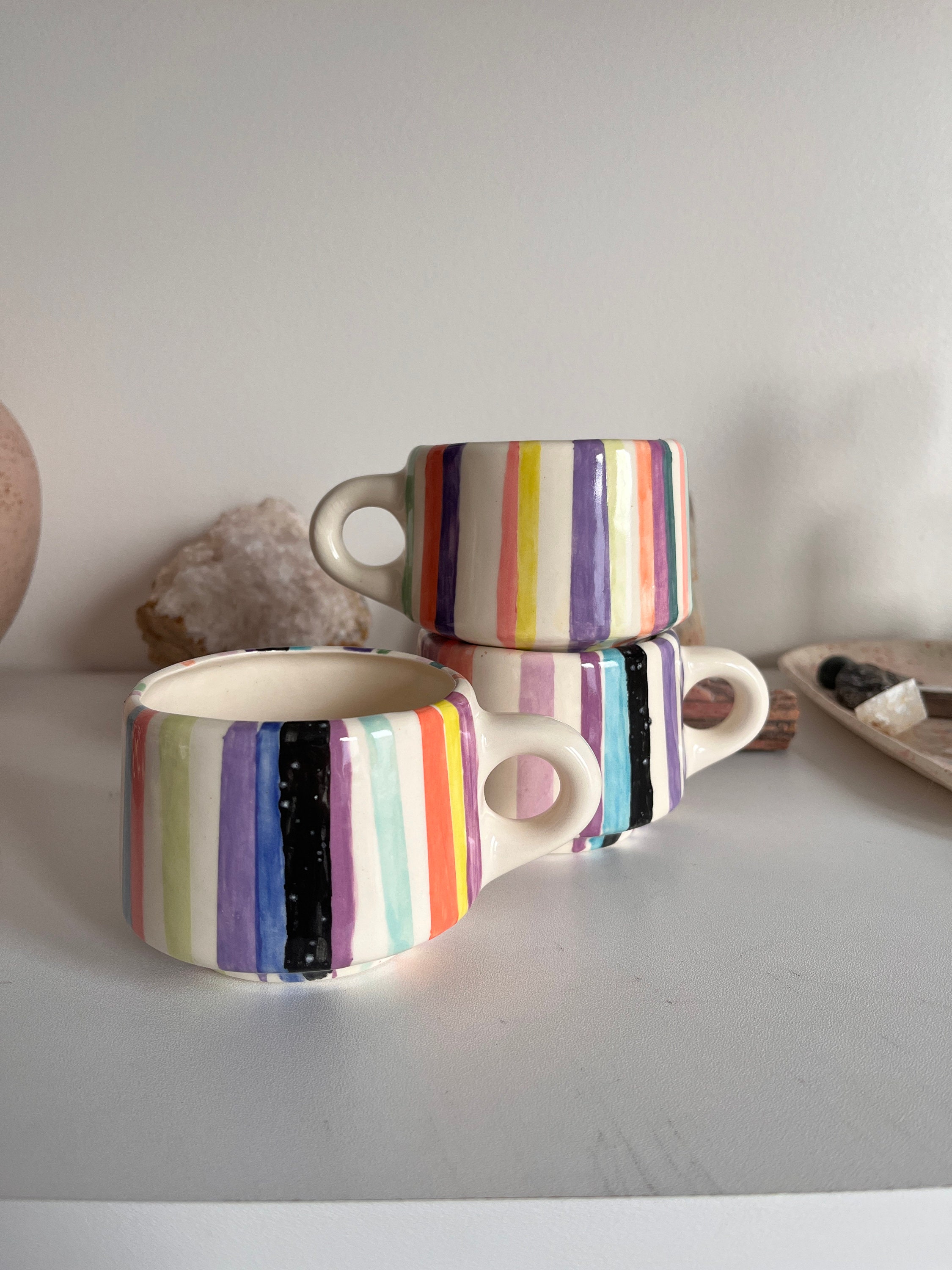 gypsy color The Original 8 OZ. Americano Stacking Rainbow Coffee Mug Set  with Metal Stand, Multi Colored Hand Glazed Ceramic Stoneware