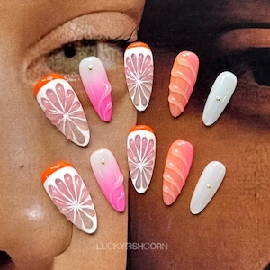 Dreamy Orange Pink Press on nails long almond nails/Summer Nails/3D Floral nails/3D Orange nails/Stunning nails/Holiday Nails/Spring nails