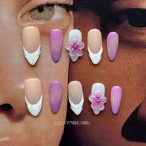 French Floral Press on nails short almond nails/Purple 3D Flower nails/White French tip nails/Fairycorn nails/Birthday nails/Summer nails
