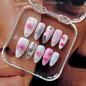 Star Pink Press on nails long almond nails/Bow nails/Pink nails/y2k nails/gyaru nails/Birthday nails/Cute nails/kawaii nails/silver nails