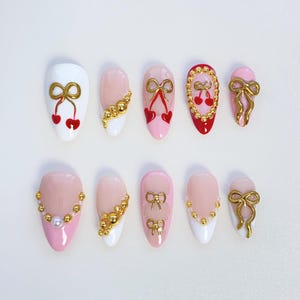 French Pink Press On Nails Short Almond Nails Long/White Nails/Cherry Nails/Pink Nails/Summer Nails/Spring Holiday Nails/Birthday Nails