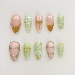 Spring Nails/Green Press on nails short almond nails long/gold nails/gold 3d chrome nails/3d shell nails/french nails/Holiday summer nails
