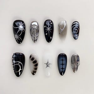 Silver 3D Chrome Nails/Black Gothic Press on nails long almond nails/Birthday Nails/Sun Star Nails/Gothic nails/Holiday Nails/Black nails