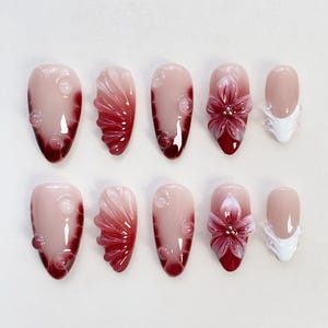 Fall Nails/Burgundy Nails/Bloom Flower Nails/Elegance Press On Nails Short Almond Nails/Red Nails/Birthday Nails/Holiday Nails/Elegant Nails