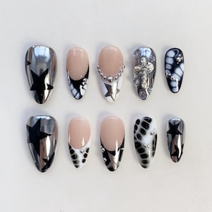 Silver 3D Chrome Nails/Black Gothic Press on nails long almond nails Birthday/Star Nails/Gothic nails/Holiday Nails/Black nails/Y2k nails