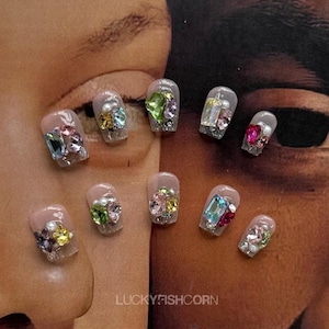 Y2K Press on nails short nails/y2k nails/Rhinestone Nails/Pink Nails/Birthday nails/cute nails/kawaii nails/gyaru nails/Gift for her nails/