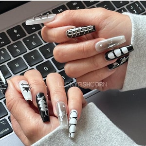 Halloween Gothic Black Press On Nails Long Coffin Nails/Gothic Nails/Halloween Nails/y2k nails/Birthday gyaru nails/Metallic silver nail