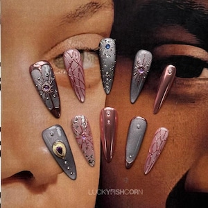 Purple Gothic Press On Nails Long Almond Nails/Gothic Nails/Halloween nails/gyaru nails/Goth Nails/Frosted Purple Nails/Sun Star Nails