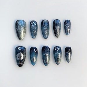 Aura Black press on nails long almond nails/Moon&Sun StarNails/Cat eye nails/Aura Nails/gyaru nails/gothic nails/Black Nails/Birthday Nails