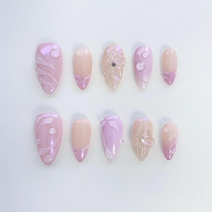 Dreamy purple press on nails short almond nails/3d flower nails/floral nails/purple french nails/Spring nails /Summer nails/Birthday nails