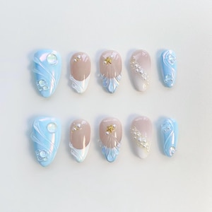 Baby Blue Press on nails short almond nails/3D Shell nails/Blue Nails/Pearl White Nails/Kawaii Nails/Holiday nails/Spring nails/French nails