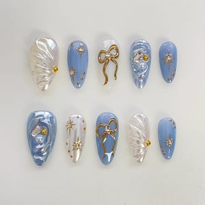 Baby Blue Press on nails short almond nails long/3D Shell nails/Bow Nails/Blue Nails/Pearl White Nails/Kawaii Nails/Holiday nails