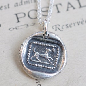 dog wax seal necklace - little dog running with a letter - fidelity, alertness, affection - sterling silver antique wax seal jewelry