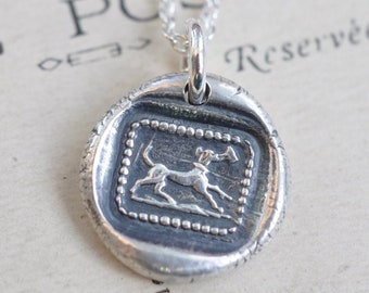 dog wax seal necklace - little dog running with a letter - fidelity, alertness, affection - sterling silver antique wax seal jewelry