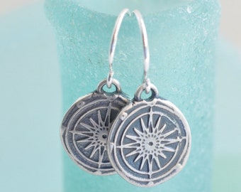 compass earrings - compass wax seal earrings - nautical gift - sterling silver wax seal jewelry