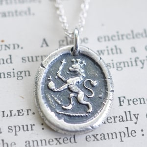 lion wax seal necklace pendant - courage, faith, authority - sterling silver medieval wax seal jewelry