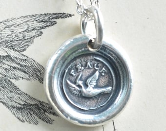 dove wax seal necklace pendant - peace - sterling silver victorian wax seal jewelry