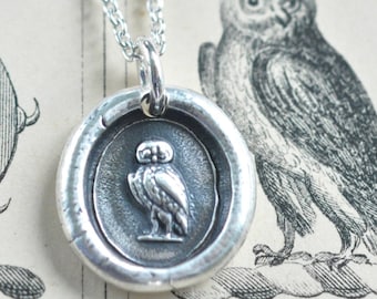 owl wax seal necklace - be wise - sterling silver antique wax seal jewelry