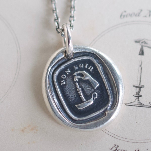 candle wax seal necklace - French sentiment - bon soir - good night - sterling silver antique wax seal jewelry