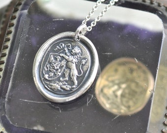 lion wax seal necklace pendant - sterling silver armorial wax seal jewelry